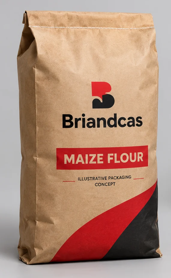 Illustrative brown kraft paper maize flour sack with Briandcas concept branding
