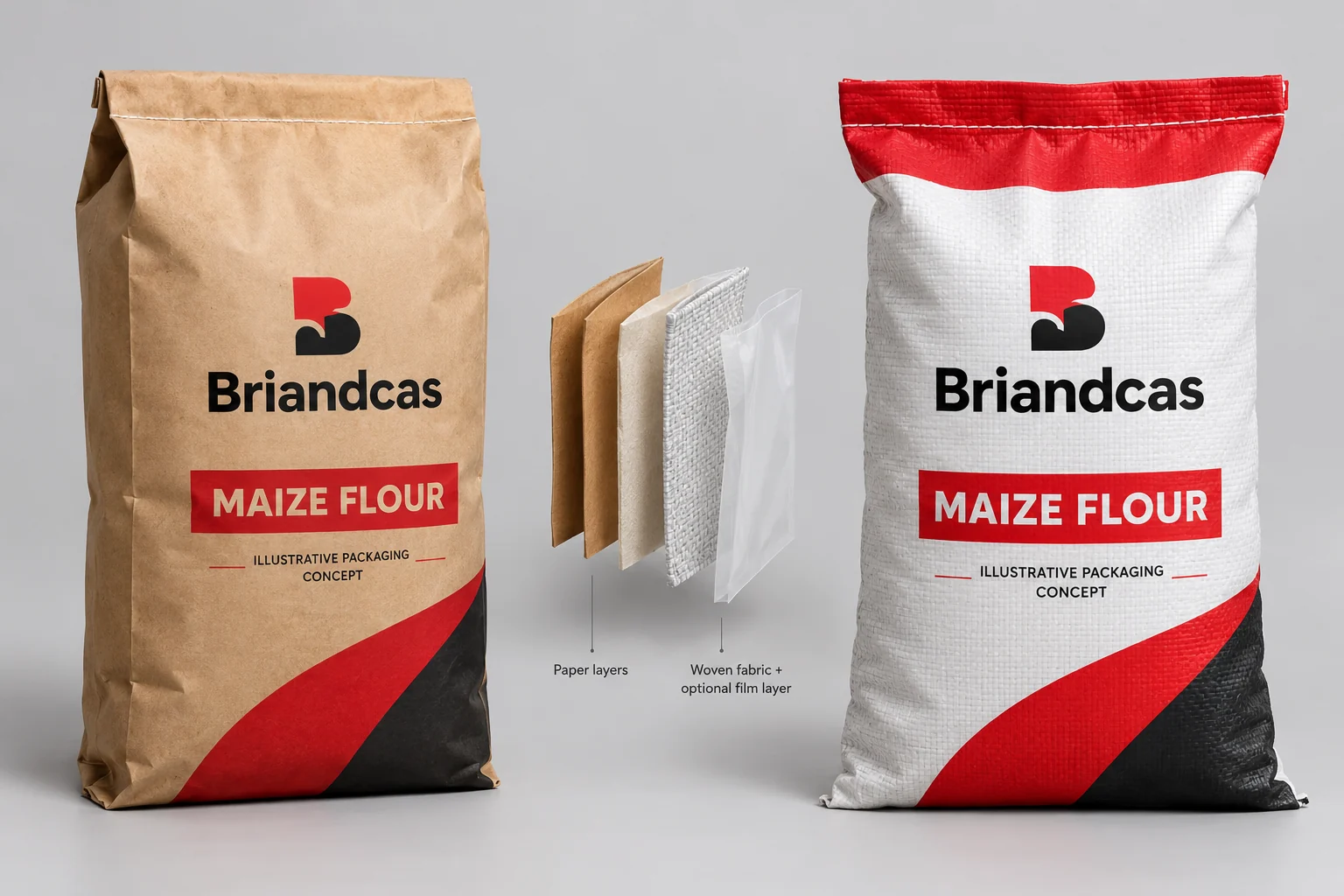 Illustrative Briandcas maize flour packaging comparison showing a kraft paper sack, a woven polypropylene sack and a simplified material-layer comparison