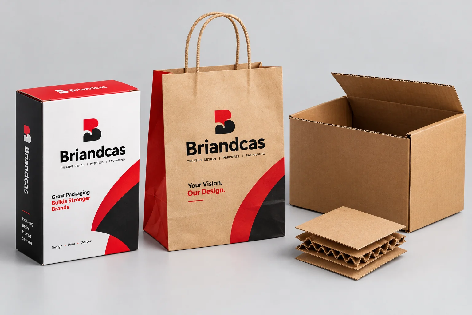 Illustrative Briandcas concept packaging display with a printed folding carton, kraft paper bag, open corrugated shipping box and exposed corrugated board layers