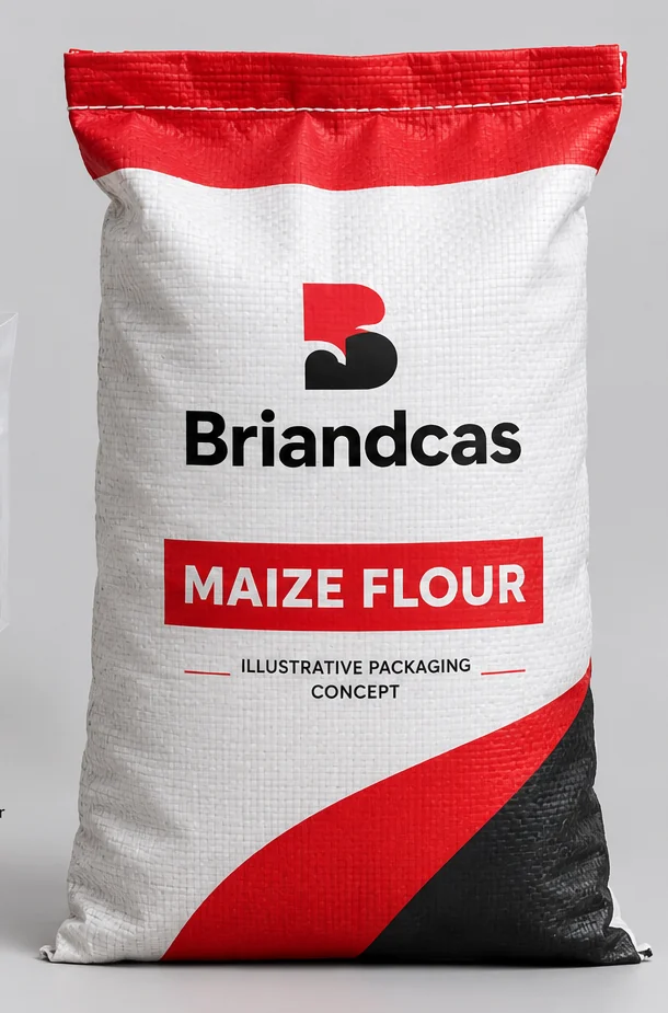 Illustrative white woven polypropylene maize flour sack with red top and Briandcas concept branding